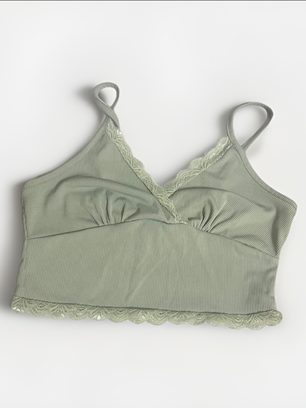 Sage Green Ribbed Lace Trim Crop Trop Tank Bralette Cami Small 4